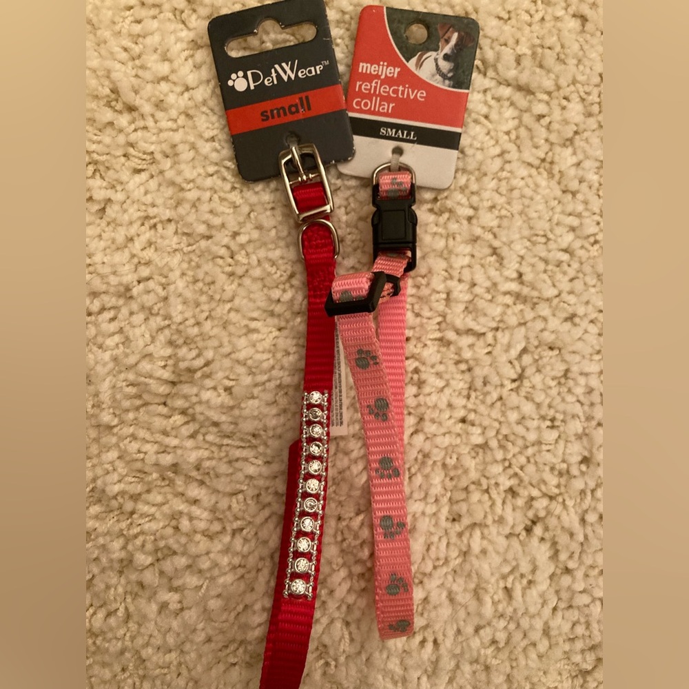 NWT 2 DOG COLLARS RHINESTONE BLING RED PAW PRINT PINK